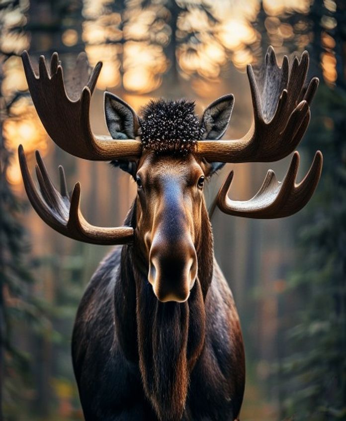 Gord the moose modeling the toupee between his antlers